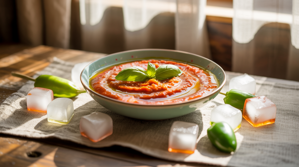Sopa fría de tomate y melocotón con cubitos de hielo de coco y jalapeño | Receta refrescante de verano
